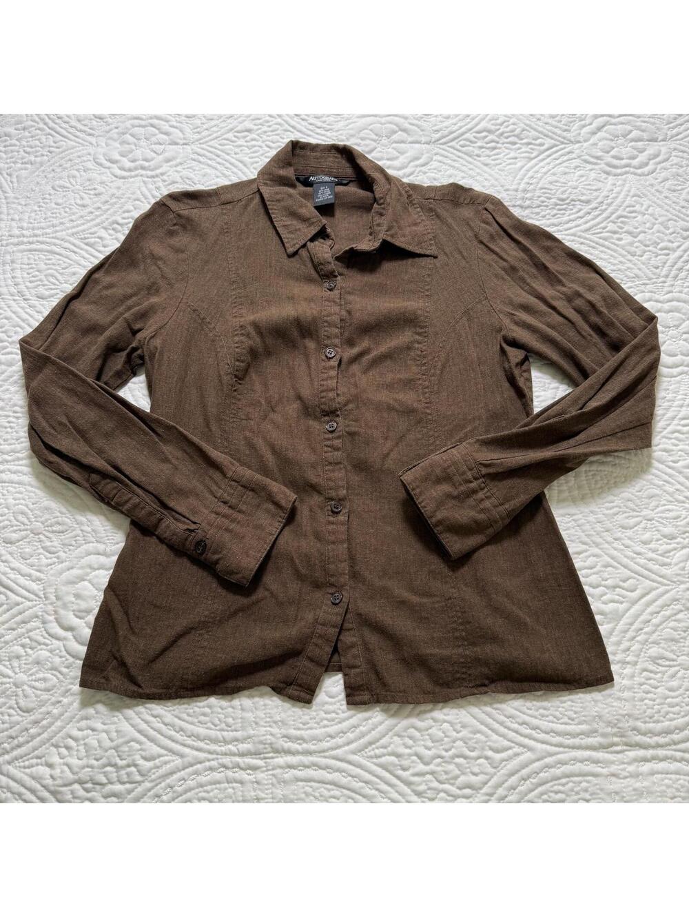 AUTOGRPAPH NEW YORK Wms‎ SZ 6, Chocolate Brown Linen Blend Long Sleeve Button up